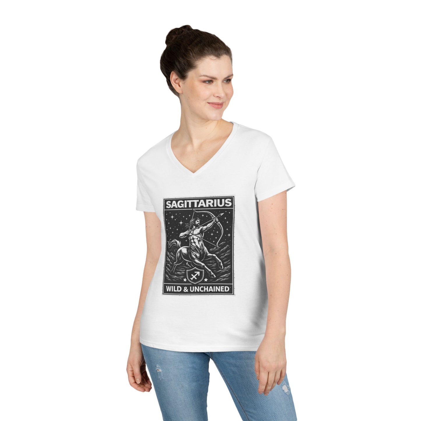 Sagittarius V-Neck T-Shirt – "Wild & Unchained" Zodiac Archer Tee