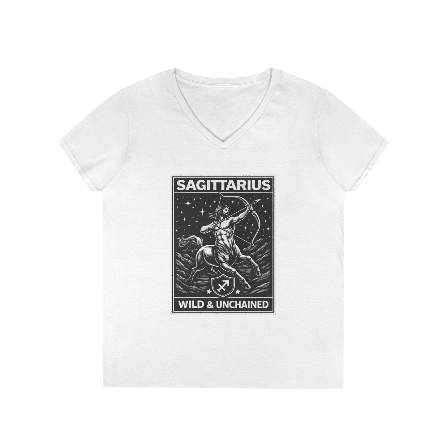 Sagittarius V-Neck T-Shirt – "Wild & Unchained" Zodiac Archer Tee