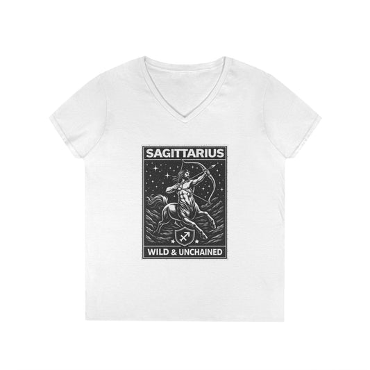 Sagittarius V-Neck T-Shirt – "Wild & Unchained" Zodiac Archer Tee