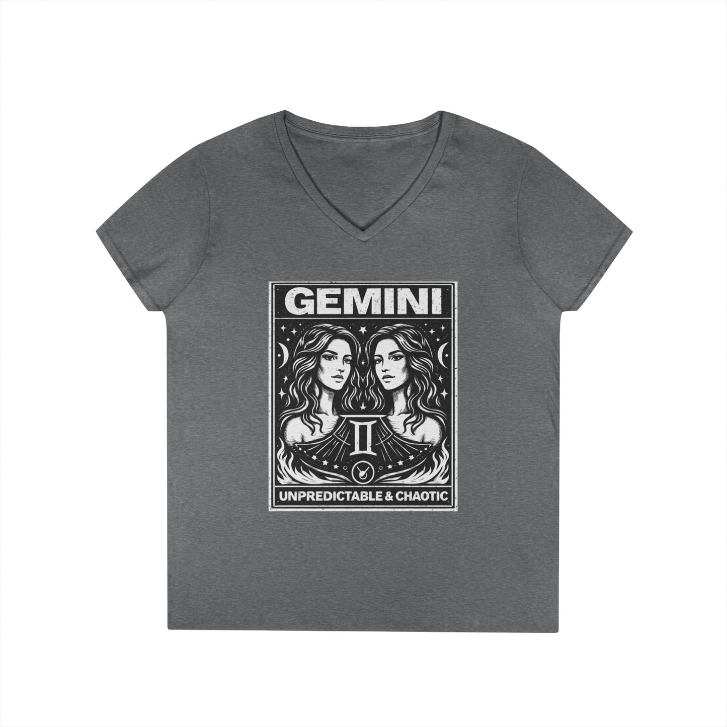 Gemini Zodiac V-Neck Tee — "Unpredictable & Chaotic" Astrology T-Shirt for Women