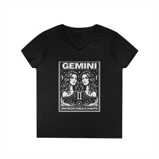 Gemini Zodiac V-Neck Tee — "Unpredictable & Chaotic" Astrology T-Shirt for Women