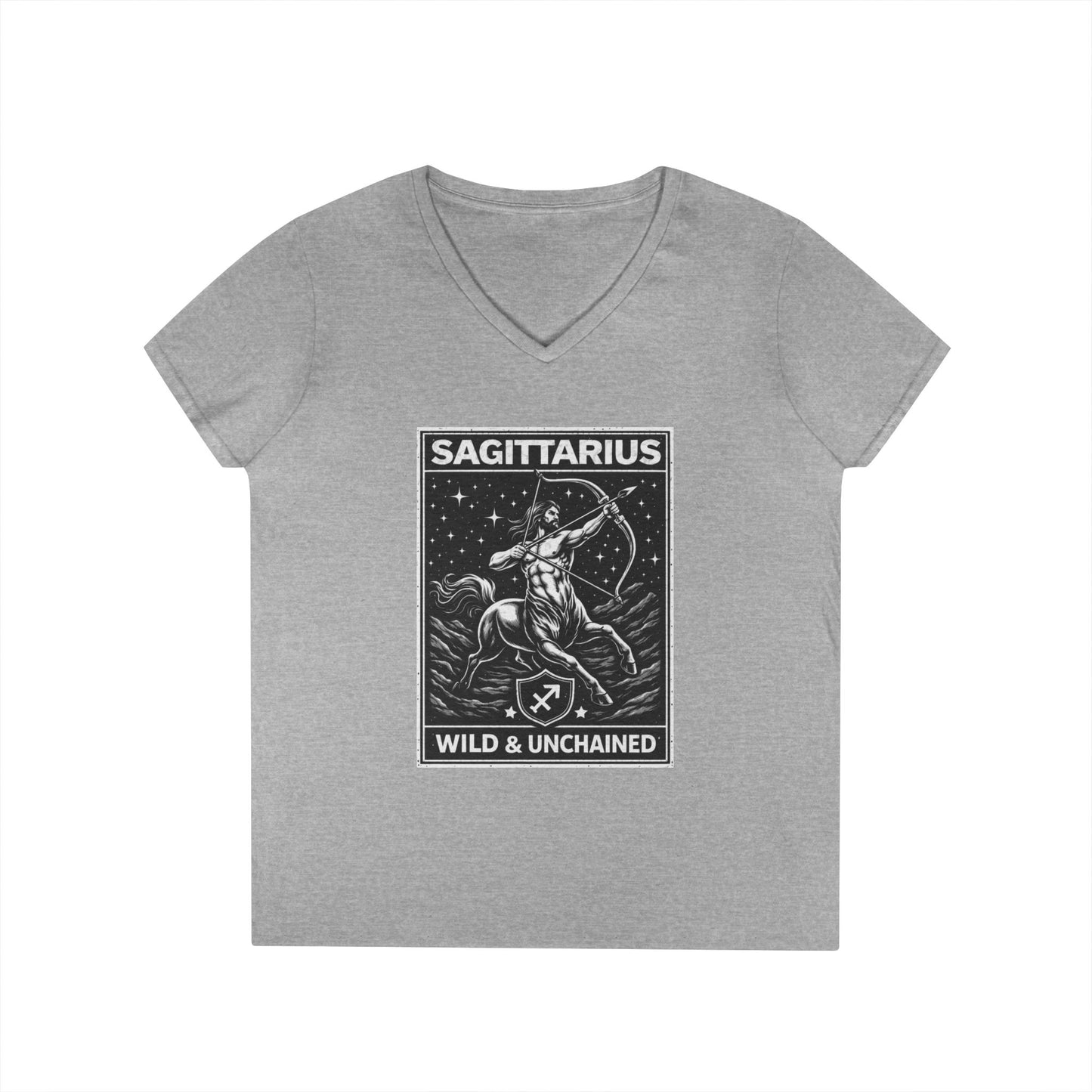 Sagittarius V-Neck T-Shirt – "Wild & Unchained" Zodiac Archer Tee