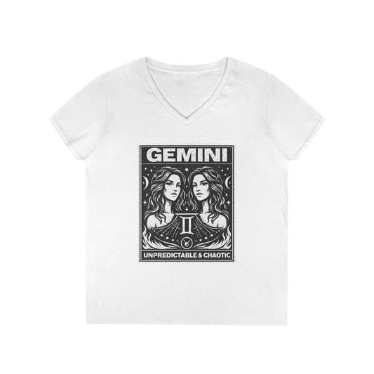 Gemini Zodiac V-Neck Tee — "Unpredictable & Chaotic" Astrology T-Shirt for Women