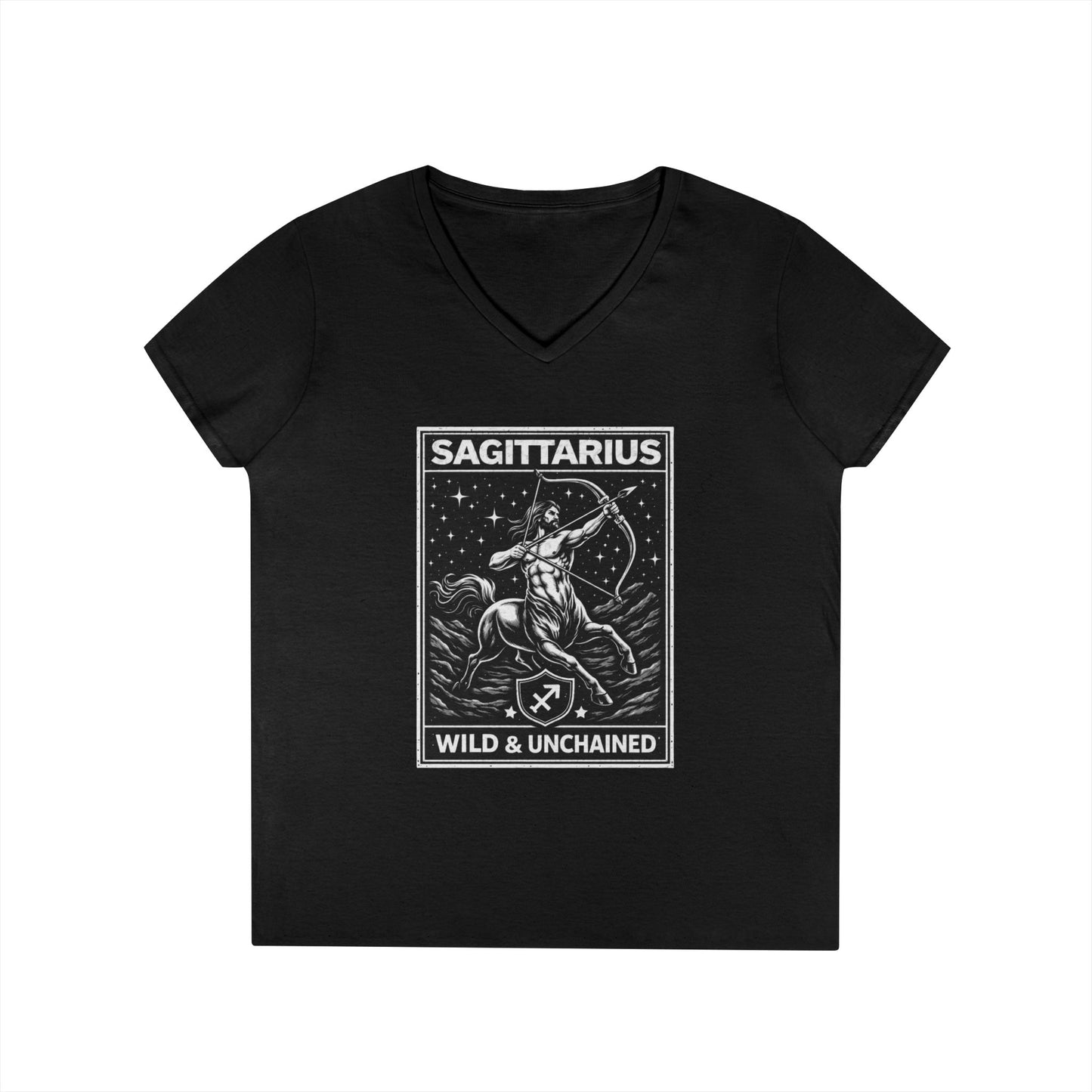Sagittarius V-Neck T-Shirt – "Wild & Unchained" Zodiac Archer Tee