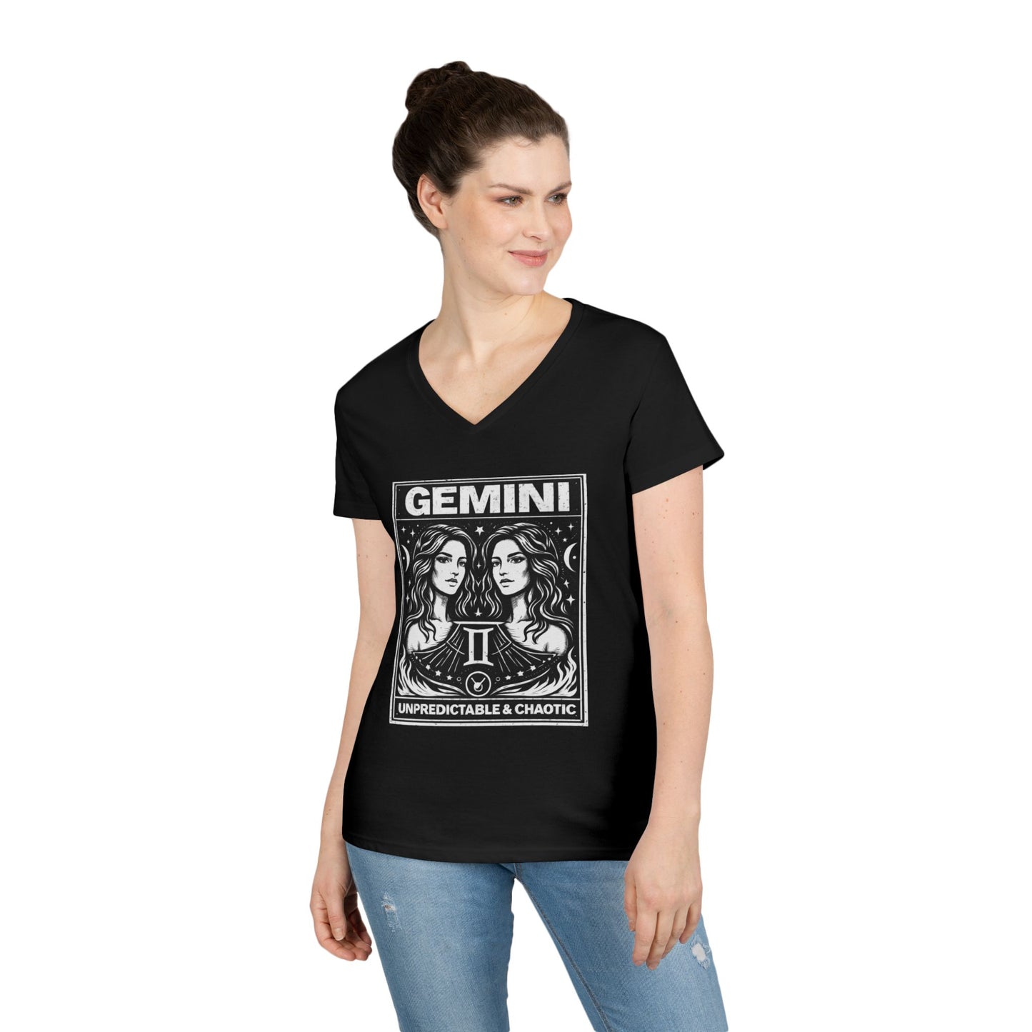 Gemini Zodiac V-Neck Tee — "Unpredictable & Chaotic" Astrology T-Shirt for Women