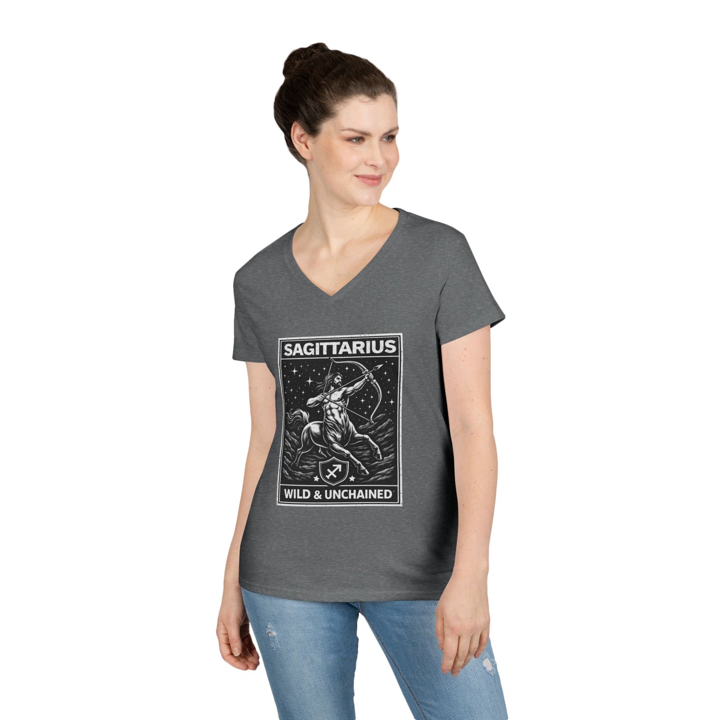 Sagittarius V-Neck T-Shirt – "Wild & Unchained" Zodiac Archer Tee