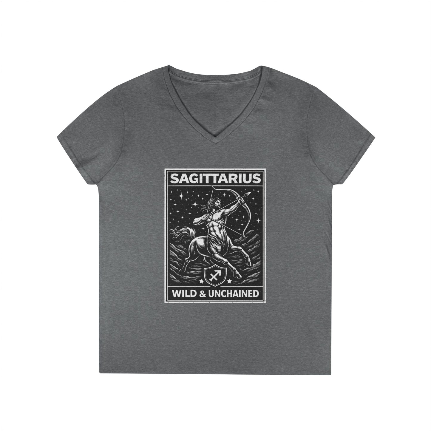 Sagittarius V-Neck T-Shirt – "Wild & Unchained" Zodiac Archer Tee